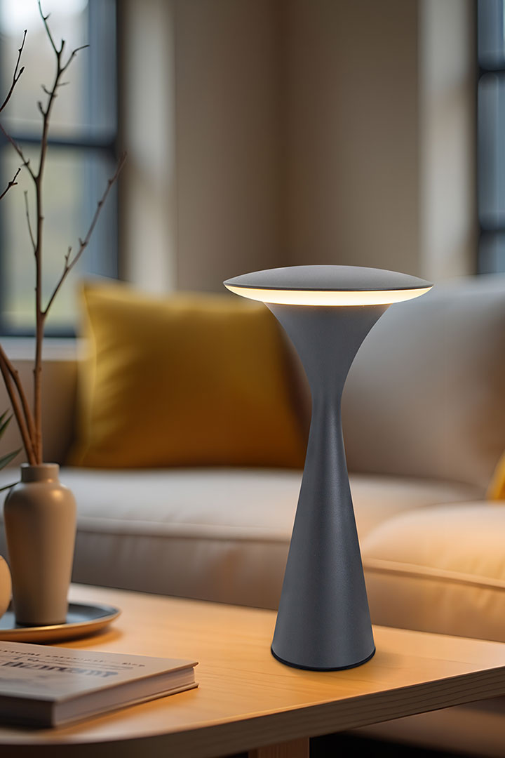 Kabellose Tischlampe Hello Space in anthrazit auf einem Wohnzimmertisch.