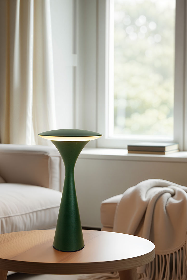 Kabellose Tischlampe Hello Space in grün auf einem Wohnzimmertisch.