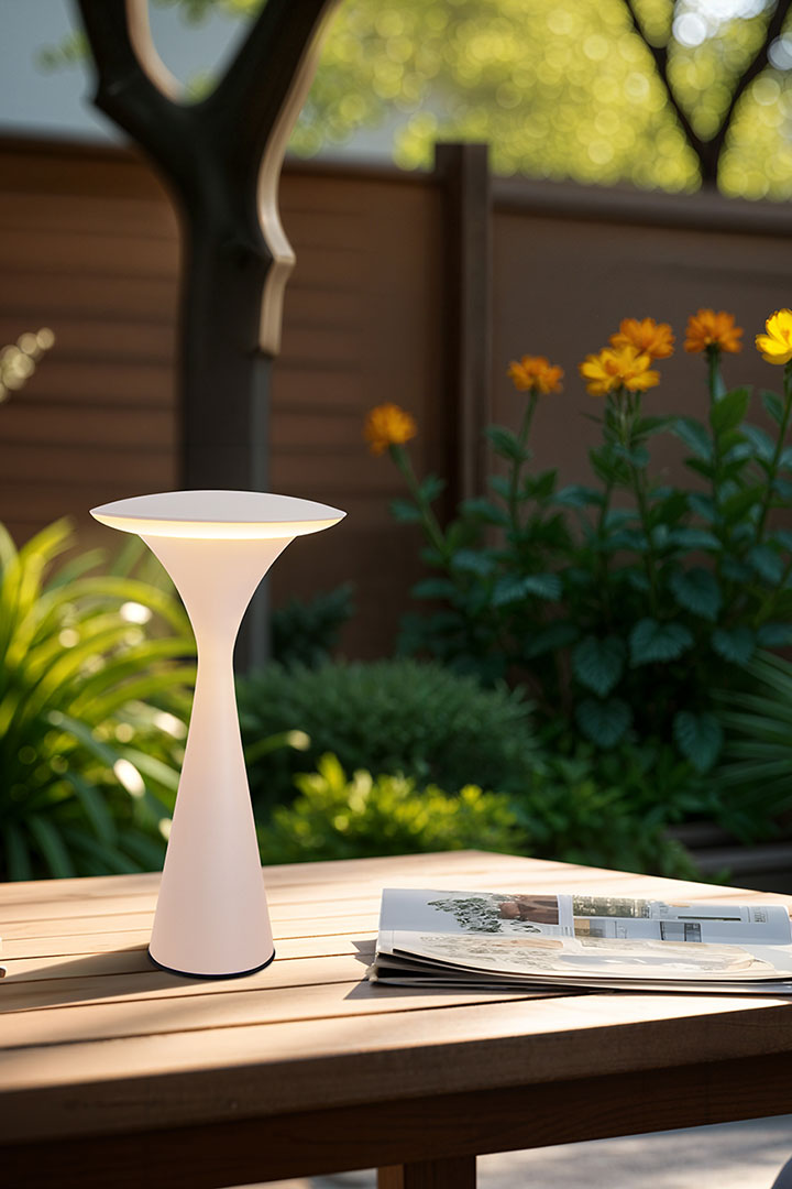 Kabellose Tischlampe Hello Space in ivory auf einem Terrassentisch.