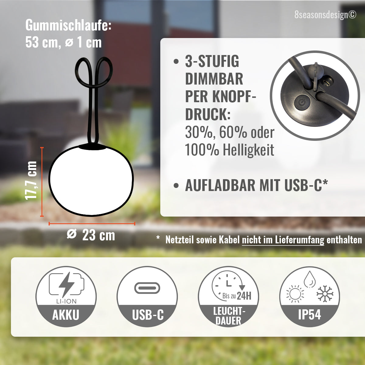 8 seasons design, Hängeleuchte, LED, warmweiß, Akku, USB, dimmbar